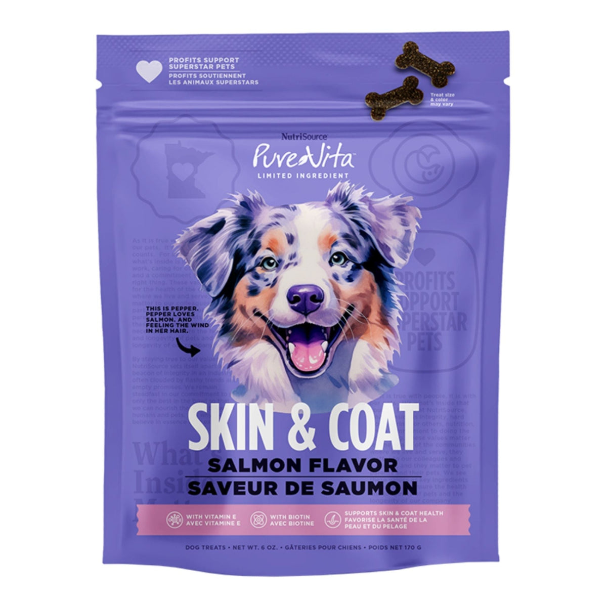 Pure Vita skin and coat salmon dog treats, 6 oz
